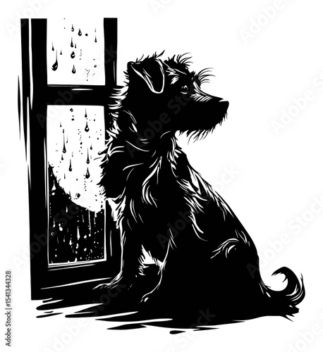 Silhouette of a Dog Sitting by a Window with Raindrops on Glass