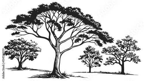 Vector art of silhouetted trees stand isolated on transparent background, their stark branches reaching towards a bright sky