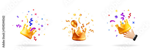 Gold crown set. Royalty concept. Confetti and sprinkles explosion. Vector illustration for greeting card and party invitation.