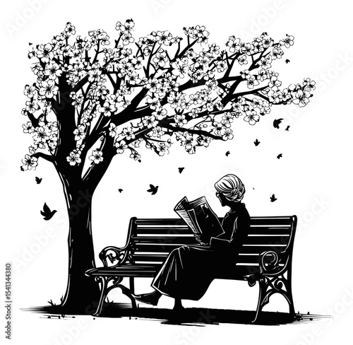 Elegant Black and White Illustration of a Woman Reading Under a Tree