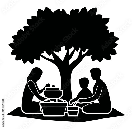 Abstract Illustration of Family Sitting Under Tree Engaged in Drawing Activity