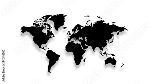 World Map Vector 3D with Shadow – Black Silhouette Design. Fully editable vector SVG file compatible with PowerPoint, Illustrator, and most vector-based applications.