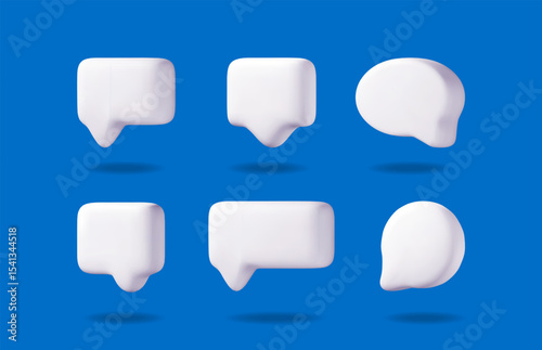 Set of 3d chat bubble communication elements. White empty speech dialog box message icon for social network discussion application.