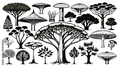 Vector art of a collection of stylized black trees, isolated on transparent background, showcasing diverse shapes and sizes in a whimsical arrangement