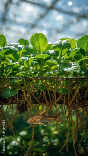 Aquaponics system featuring a small fish swimming beneath plant roots in a bright environment setting