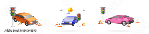 Car testing driving school. Auto test drive simulation with traffic light. Safety road rules education for beginner driver.