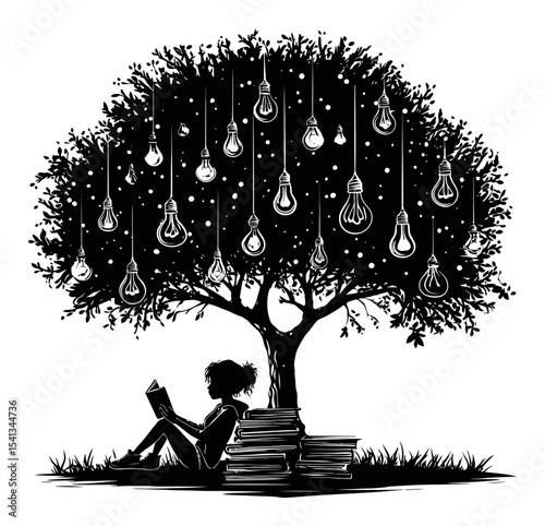 Abstract Hand Drawn Silhouette of a Child Reading Under a Tree with Lights