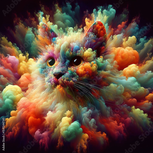 Playful feline covered in rainbow powder paints with swirling colorful pigment smoke creating magical artistic atmosphere
