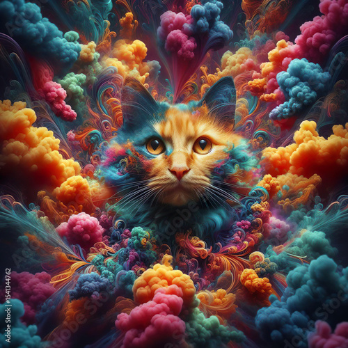Playful feline covered in rainbow powder paints with swirling colorful pigment smoke creating magical artistic atmosphere