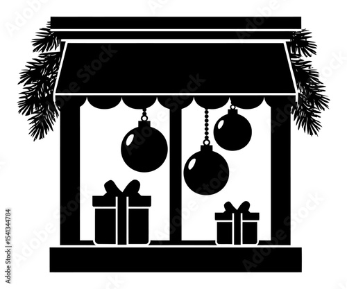 Abstract Hand Drawing of a Festive Window Display with Ornaments and Gifts