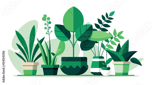 Vector art of a lush collection of potted plants, isolated on transparent background, showcasing various shades of green foliage in a vibrant display