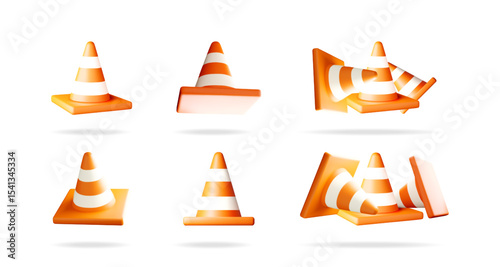 Orange and white traffic cone set. 3d warning barrier for road construction or hazard zone. UI design element collection.