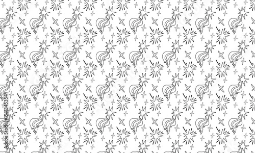 Seamless pattern with doodle stars, sparkles and comets in black outline. Great for wrapping paper, backgrounds or kids design.  