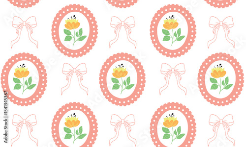 Seamless vector pattern with yellow flowers framed in polka dot ovals and pink bows.