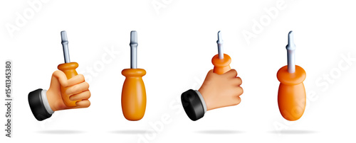 Man's hand holding a flathead screwdriver in a 3d cartoon style, isolated on a white background, repair tool concept.