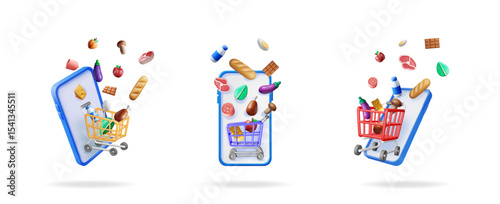 Set of three smartphones with shopping carts full of flying groceries for online ordering. Digital commerce concept.