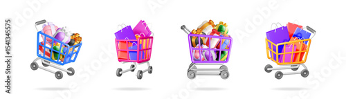 Shopping carts with gifts and bags. Collection of vector supermarket trolleys full of presents and paper packs for retail concept.