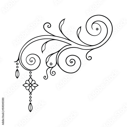 Elegant black and white decorative swirls and floral ornament corner element design
