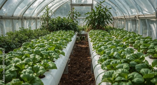 View of hydroponic system with rows of leafy green plants inside a greenhouse with natural lighting