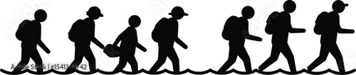 Vector Illustration of Migrants Walking Through a Struggling Landscape
