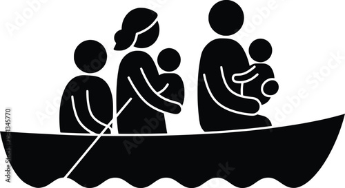 Refugee Families in a Boat, Challenging Journey, Vector Illustration, Emotional Perspective on Social Issues