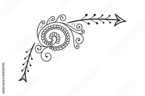 Elegant corner decoration design featuring a decorative swirl arrow and flourishes on a white background