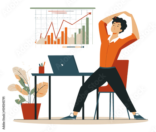 Cartoon Character Stretching in Office with Charts and Plants in Vector Style