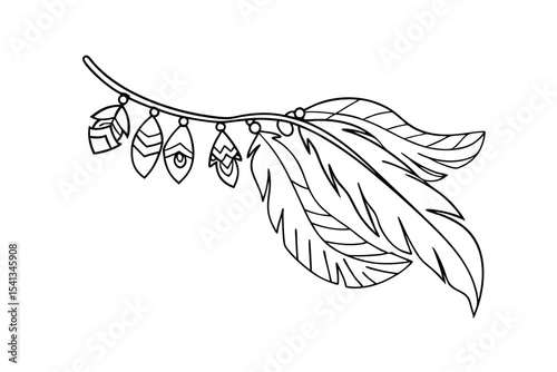 Boho style feather decoration with hanging ornaments in a simple elegant black outline