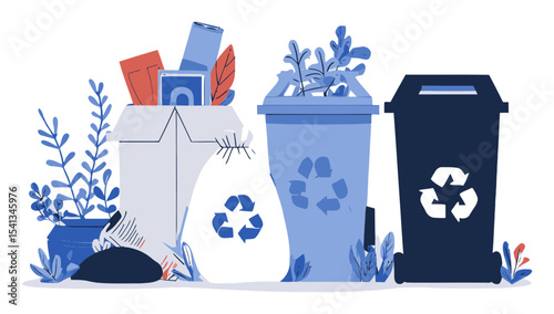 Colorful Cartoon Illustration of Recycling Bins and Waste Management Scene