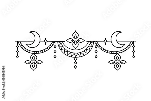 Elegant black and white ornamental border with crescent moons and floral elements