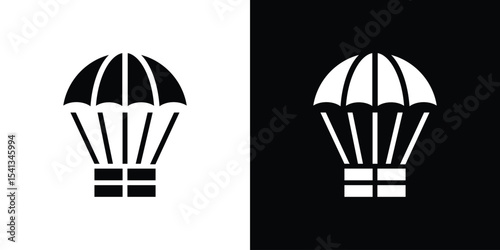 Parachute icon in flat black solid vector set
