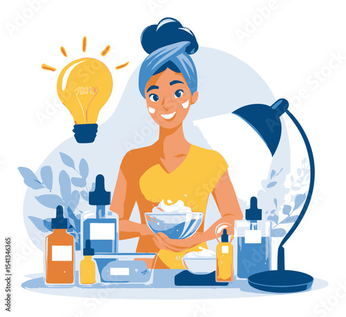 Cartoon Woman Mixing Ingredients in a Bright Workspace with Light Bulb