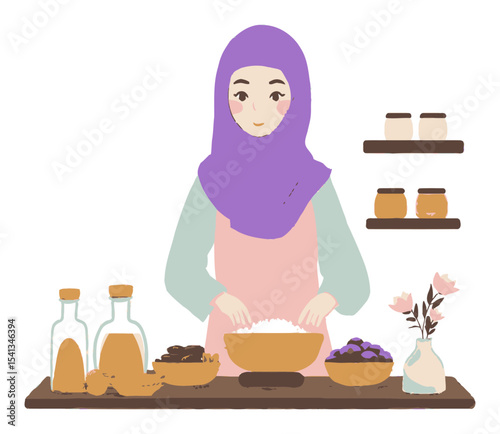 Young Woman in Hijab Preparing Food in a Cartoon Kitchen Setting