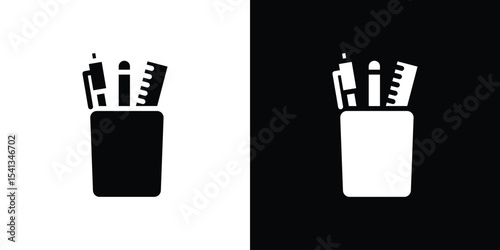 Pencil holder icon in flat black solid vector set