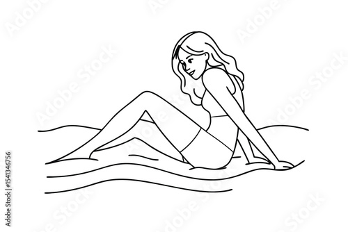 Minimalist line art illustration of a woman relaxing on the beach in a bikini