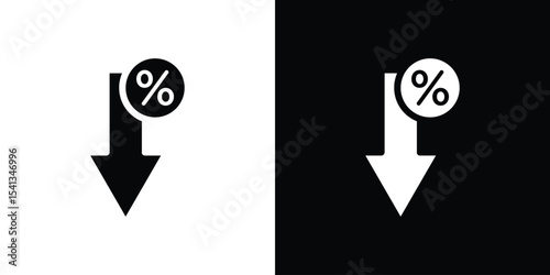Percent down icon in flat black solid vector set