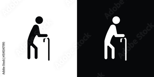 Person walking with cane icon in flat black solid vector set