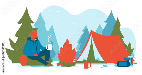 Relaxing Camping Scene with Person, Tent, Fire, and Nature Elements