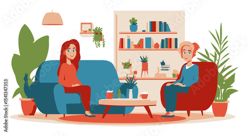 Warm and Inviting Living Room Scene with Two Women Engaged in Conversation