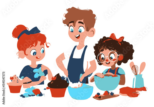 Children Creating Fun Desserts in a Colorful Cooking Adventure Together