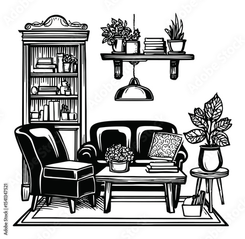 Cozy Living Room Illustration with a Shelf, Plants, and Elegant Furniture