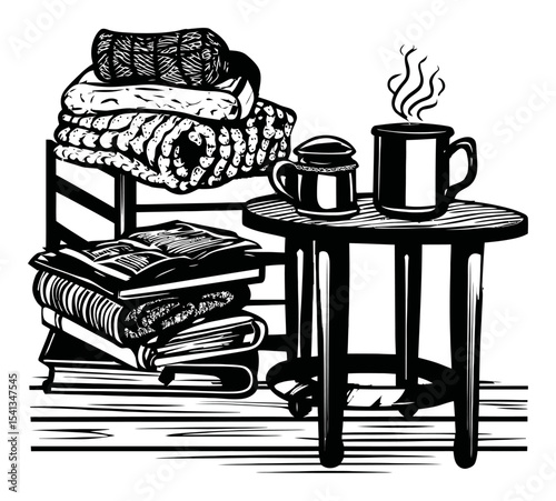 Cozy Still Life of Textiles and Hot Beverage on a Rustic Table
