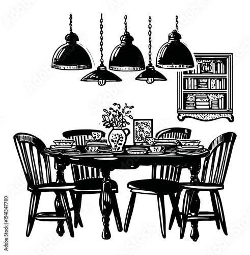 Hand-Drawn Abstract Art of Dining Room with Table and Hanging Lights