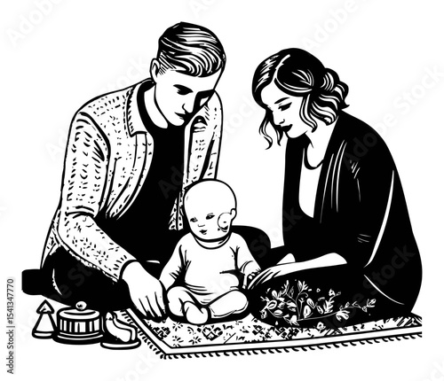 Family Bonding Moment with Parents and Child in Artistic Illustration