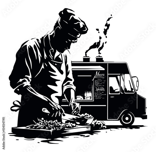 Chef Preparing Food in Front of Food Truck with Abstract Design Elements