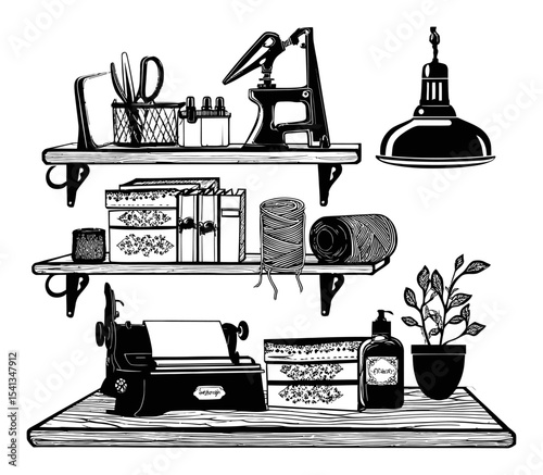 Detailed Hand-Drawn Illustration of a Vintage Workspace and Office Supplies