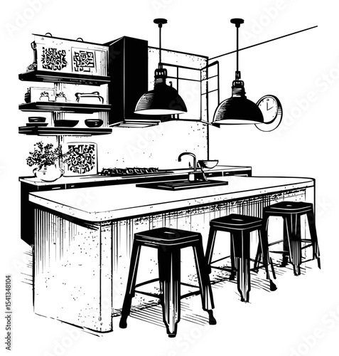 Elegant Abstract Hand-Drawn Kitchen Interior Design Illustration