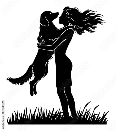 Elegant Silhouette of Woman Embracing Dog Against Abstract Background