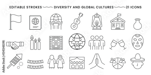 Diversity and Global Cultures Icon Set. Editable Stroke Line Icons of Traditions, Flags, Festivals, People and Heritage