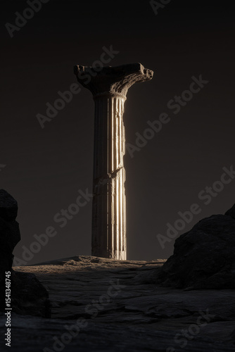 Ancient column remains standing amidst a rocky landscape, bathed in the golden light of a setting sun, evoking a sense of timeless grandeur.
